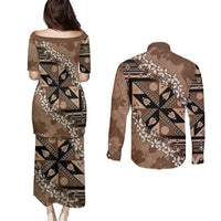 Bula Fiji Plumeria Tagimoucia Salusalu Mocha Couples Matching Puletasi and Long Sleeve Button Shirt Kaiviti Masi LT7 - Polynesian Pride