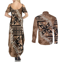 Bula Fiji Plumeria Tagimoucia Salusalu Mocha Couples Matching Summer Maxi Dress and Long Sleeve Button Shirt Kaiviti Masi LT7 - Polynesian Pride