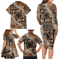 Bula Fiji Plumeria Tagimoucia Salusalu Mocha Family Matching Long Sleeve Bodycon Dress and Hawaiian Shirt Kaiviti Masi LT7 - Polynesian Pride