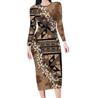 Bula Fiji Plumeria Tagimoucia Salusalu Mocha Family Matching Long Sleeve Bodycon Dress and Hawaiian Shirt Kaiviti Masi LT7 Mom's Dress Mocha - Polynesian Pride