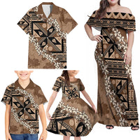 Bula Fiji Plumeria Tagimoucia Salusalu Mocha Family Matching Off Shoulder Maxi Dress and Hawaiian Shirt Kaiviti Masi LT7 - Polynesian Pride