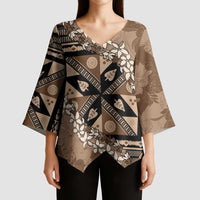 Bula Fiji Plumeria Tagimoucia Salusalu Mocha Kimono Sleeve Blouse Kaiviti Masi LT7 - Polynesian Pride