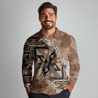 Bula Fiji Plumeria Tagimoucia Salusalu Mocha Long Sleeve Polo Shirt Kaiviti Masi LT7 - Polynesian Pride