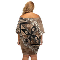 Bula Fiji Plumeria Tagimoucia Salusalu Mocha Off Shoulder Short Dress Kaiviti Masi LT7 - Polynesian Pride