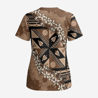 Bula Fiji Plumeria Tagimoucia Salusalu Mocha Scrub Top Kaiviti Masi LT7 - Polynesian Pride