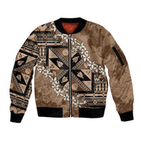 Bula Fiji Plumeria Tagimoucia Salusalu Mocha Sleeve Zip Bomber Jacket Kaiviti Masi LT7 Unisex Mocha - Polynesian Pride