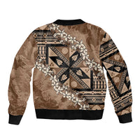 Bula Fiji Plumeria Tagimoucia Salusalu Mocha Sleeve Zip Bomber Jacket Kaiviti Masi LT7 - Polynesian Pride