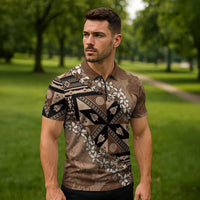 Bula Fiji Plumeria Tagimoucia Salusalu Mocha Zipper Polo Shirt Kaiviti Masi LT7 - Polynesian Pride