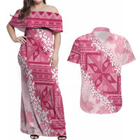 Bula Fiji Plumeria Tagimoucia Salusalu Pink Couples Matching Off Shoulder Maxi Dress and Hawaiian Shirt Kaiviti Masi LT7 Pink - Polynesian Pride