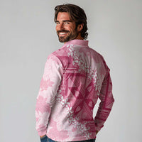 Bula Fiji Plumeria Tagimoucia Salusalu Pink Long Sleeve Polo Shirt Kaiviti Masi LT7 - Polynesian Pride
