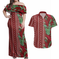 Women's Day Samoa Malu Tattoo Inspired Mix Teuila Couples Matching Off Shoulder Maxi Dress and Hawaiian Shirt Scarlet LT7 Scarlet - Polynesian Pride