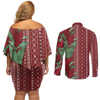 Women's Day Samoa Malu Tattoo Inspired Mix Teuila Couples Matching Off Shoulder Short Dress and Long Sleeve Button Shirt Scarlet LT7 - Polynesian Pride