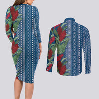 Women's Day Samoa Malu Tattoo Inspired Mix Teuila Couples Matching Long Sleeve Bodycon Dress and Long Sleeve Button Shirt Royal Blue LT7 - Polynesian Pride