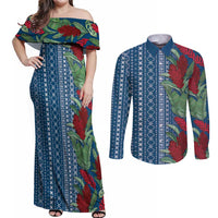 Women's Day Samoa Malu Tattoo Inspired Mix Teuila Couples Matching Off Shoulder Maxi Dress and Long Sleeve Button Shirt Royal Blue LT7 Royal Blue - Polynesian Pride