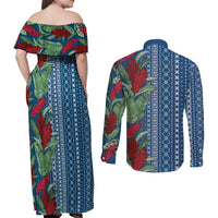 Women's Day Samoa Malu Tattoo Inspired Mix Teuila Couples Matching Off Shoulder Maxi Dress and Long Sleeve Button Shirt Royal Blue LT7 - Polynesian Pride