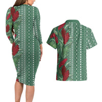 Women's Day Samoa Malu Tattoo Inspired Mix Teuila Couples Matching Long Sleeve Bodycon Dress and Hawaiian Shirt Sage Green LT7 - Polynesian Pride