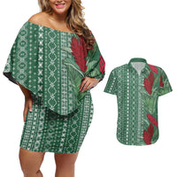 Women's Day Samoa Malu Tattoo Inspired Mix Teuila Couples Matching Off Shoulder Short Dress and Hawaiian Shirt Sage Green LT7 Sage Green - Polynesian Pride