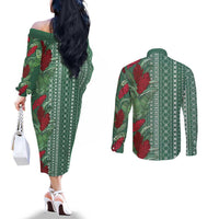 Women's Day Samoa Malu Tattoo Inspired Mix Teuila Couples Matching Off The Shoulder Long Sleeve Dress and Long Sleeve Button Shirt Sage Green LT7 - Polynesian Pride