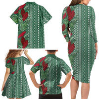 Women's Day Samoa Malu Tattoo Inspired Mix Teuila Family Matching Long Sleeve Bodycon Dress and Hawaiian Shirt Sage Green LT7 - Polynesian Pride