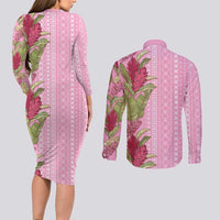 Women's Day Samoa Malu Tattoo Inspired Mix Teuila Couples Matching Long Sleeve Bodycon Dress and Long Sleeve Button Shirt Rose Pink LT7 - Polynesian Pride