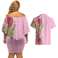 Women's Day Samoa Malu Tattoo Inspired Mix Teuila Couples Matching Off Shoulder Short Dress and Hawaiian Shirt Rose Pink LT7 - Polynesian Pride