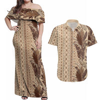 Women's Day Samoa Malu Tattoo Inspired Mix Teuila Couples Matching Off Shoulder Maxi Dress and Hawaiian Shirt Vintage Tapa LT7 Beige - Polynesian Pride