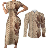 Women's Day Samoa Malu Tattoo Inspired Mix Teuila Couples Matching Short Sleeve Bodycon Dress and Long Sleeve Button Shirt Vintage Tapa LT7 Beige - Polynesian Pride