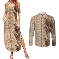Women's Day Samoa Malu Tattoo Inspired Mix Teuila Couples Matching Summer Maxi Dress and Long Sleeve Button Shirt Vintage Tapa LT7 Beige - Polynesian Pride