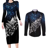 Maori Matariki Couples Matching Long Sleeve Bodycon Dress and Long Sleeve Button Shirt Landscape Styled Fern - Galaxy LT7 Black - Polynesian Pride