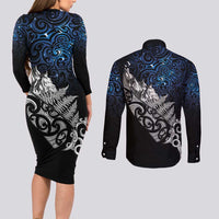 Maori Matariki Couples Matching Long Sleeve Bodycon Dress and Long Sleeve Button Shirt Landscape Styled Fern - Galaxy LT7 - Polynesian Pride
