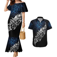 Maori Matariki Couples Matching Mermaid Dress and Hawaiian Shirt Landscape Styled Fern - Galaxy LT7 Black - Polynesian Pride
