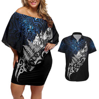 Maori Matariki Couples Matching Off Shoulder Short Dress and Hawaiian Shirt Landscape Styled Fern - Galaxy LT7 Black - Polynesian Pride