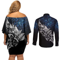 Maori Matariki Couples Matching Off Shoulder Short Dress and Long Sleeve Button Shirt Landscape Styled Fern - Galaxy LT7 - Polynesian Pride