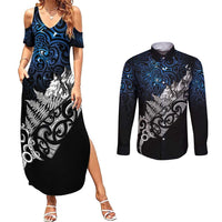 Maori Matariki Couples Matching Summer Maxi Dress and Long Sleeve Button Shirt Landscape Styled Fern - Galaxy LT7 Black - Polynesian Pride