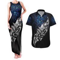 Maori Matariki Couples Matching Tank Maxi Dress and Hawaiian Shirt Landscape Styled Fern - Galaxy LT7 Black - Polynesian Pride