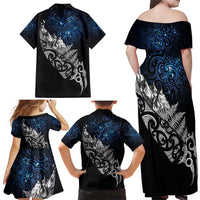 Maori Matariki Family Matching Off Shoulder Maxi Dress and Hawaiian Shirt Landscape Styled Fern - Galaxy LT7 - Polynesian Pride