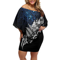 Maori Matariki Family Matching Off Shoulder Short Dress and Hawaiian Shirt Landscape Styled Fern - Galaxy LT7 Mom's Dress Black - Polynesian Pride