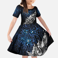 Maori Matariki Family Matching Tank Maxi Dress and Hawaiian Shirt Landscape Styled Fern - Galaxy LT7 Daughter's Dress Black - Polynesian Pride