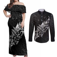 Maori Matariki Couples Matching Off Shoulder Maxi Dress and Long Sleeve Button Shirt Landscape Styled Fern - Monochrome LT7 Black - Polynesian Pride