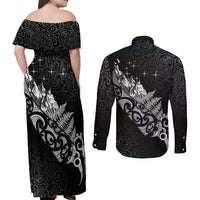 Maori Matariki Couples Matching Off Shoulder Maxi Dress and Long Sleeve Button Shirt Landscape Styled Fern - Monochrome LT7 - Polynesian Pride