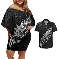 Maori Matariki Couples Matching Off Shoulder Short Dress and Hawaiian Shirt Landscape Styled Fern - Monochrome LT7 Black - Polynesian Pride