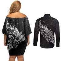 Maori Matariki Couples Matching Off Shoulder Short Dress and Long Sleeve Button Shirt Landscape Styled Fern - Monochrome LT7 - Polynesian Pride