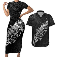 Maori Matariki Couples Matching Short Sleeve Bodycon Dress and Hawaiian Shirt Landscape Styled Fern - Monochrome LT7 Black - Polynesian Pride