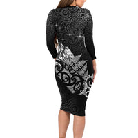 Maori Matariki Family Matching Long Sleeve Bodycon Dress and Hawaiian Shirt Landscape Styled Fern - Monochrome LT7 - Polynesian Pride
