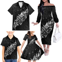 Maori Matariki Family Matching Off The Shoulder Long Sleeve Dress and Hawaiian Shirt Landscape Styled Fern - Monochrome LT7 - Polynesian Pride