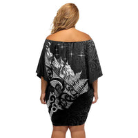Maori Matariki Family Matching Off Shoulder Short Dress and Hawaiian Shirt Landscape Styled Fern - Monochrome LT7 - Polynesian Pride
