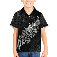 Maori Matariki Family Matching Off Shoulder Short Dress and Hawaiian Shirt Landscape Styled Fern - Monochrome LT7 Son's Shirt Black - Polynesian Pride