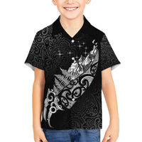 Maori Matariki Family Matching Short Sleeve Bodycon Dress and Hawaiian Shirt Landscape Styled Fern - Monochrome LT7 Son's Shirt Black - Polynesian Pride