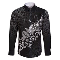Maori Matariki Family Matching Tank Maxi Dress and Hawaiian Shirt Landscape Styled Fern - Monochrome LT7 Dad's Shirt - Long Sleeve Black - Polynesian Pride