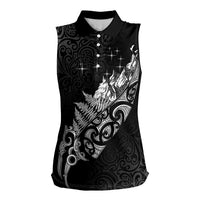 Maori Matariki Women Sleeveless Polo Shirt Landscape Styled Fern - Monochrome LT7 Female Black - Polynesian Pride